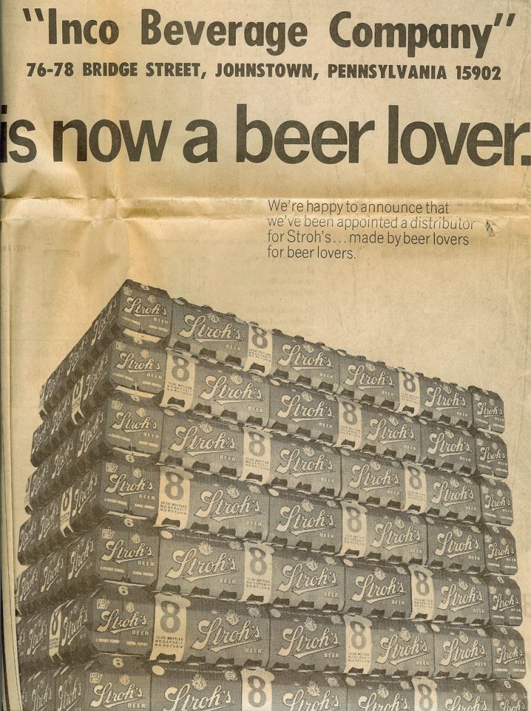 1970s newspaper ad, Inco becomes a Stroh’s distributor.